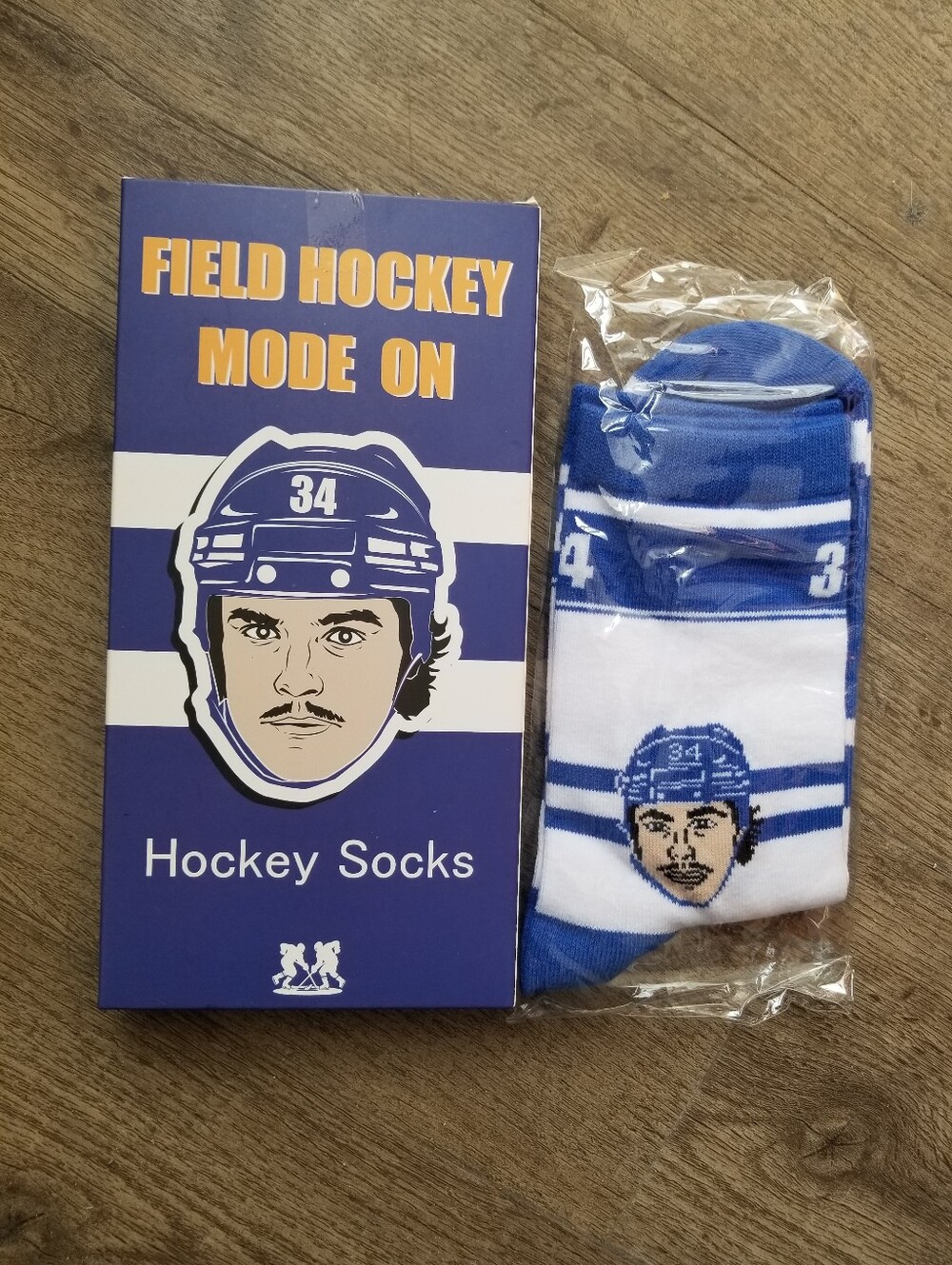 Blue & White Hockey Socks with Player Graphic
